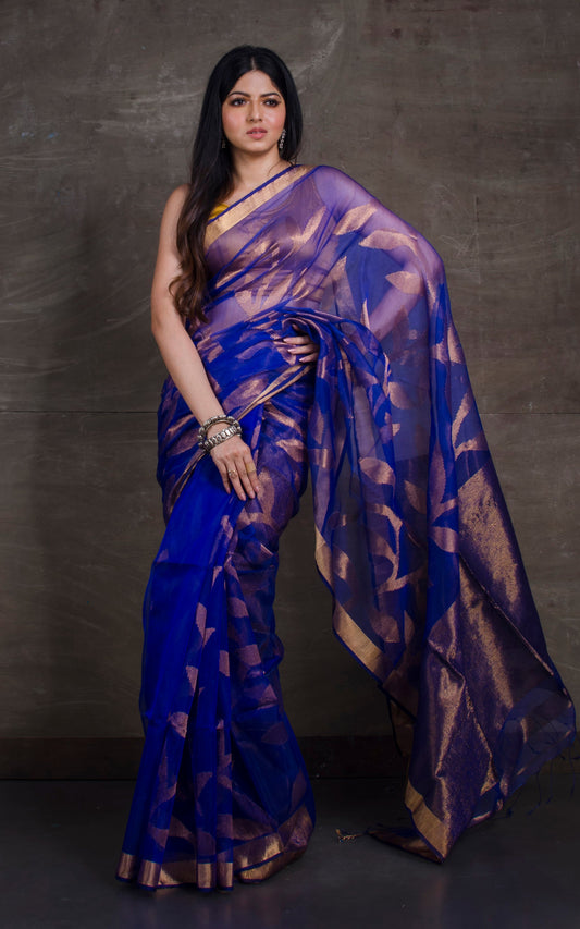 Jangla Jaal Work Muslin Silk Jamdani Saree in Royal Blue and Antique Gold
