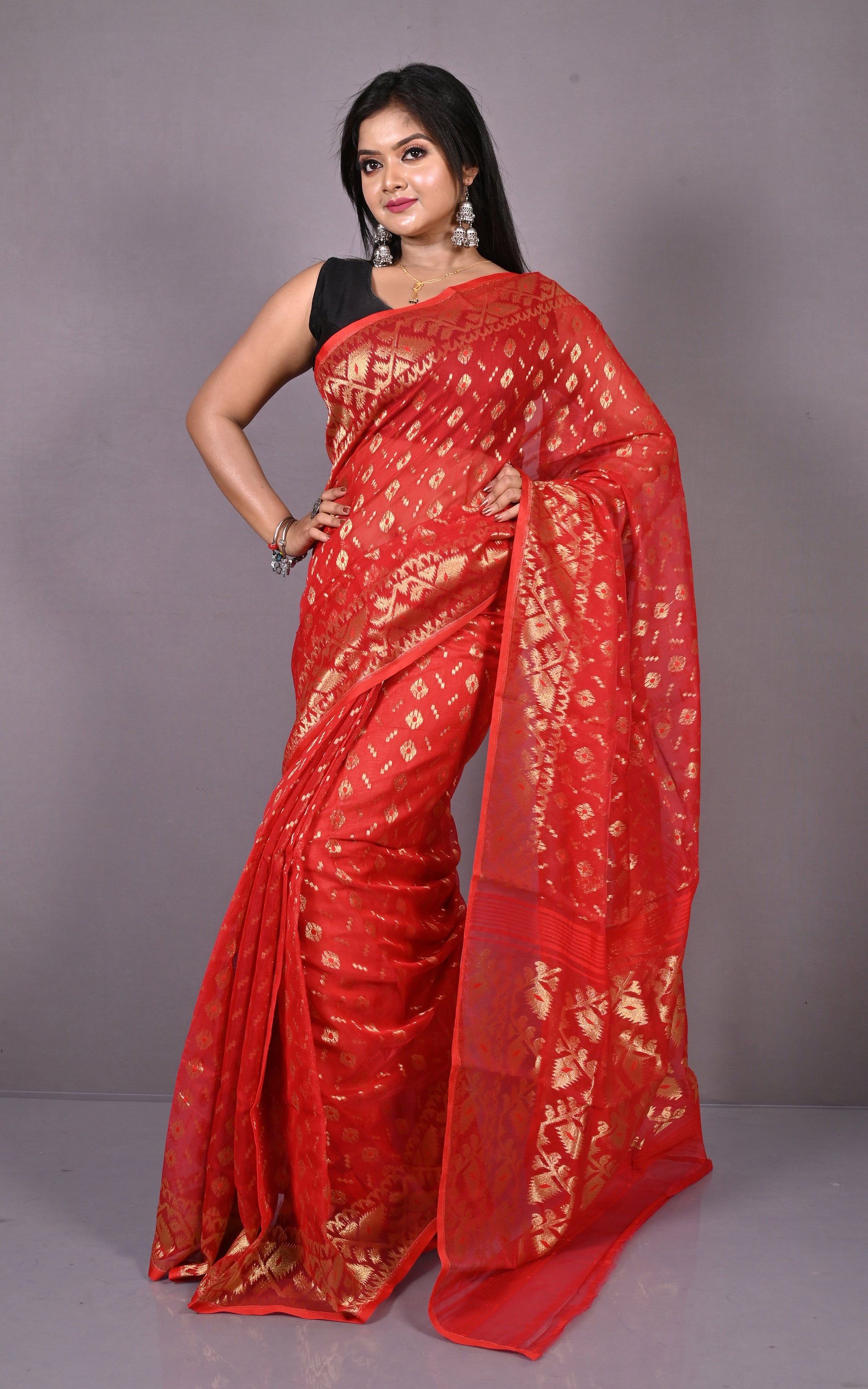Soft Zari Brocade Dhakai Jamdani Saree in Red and Golden