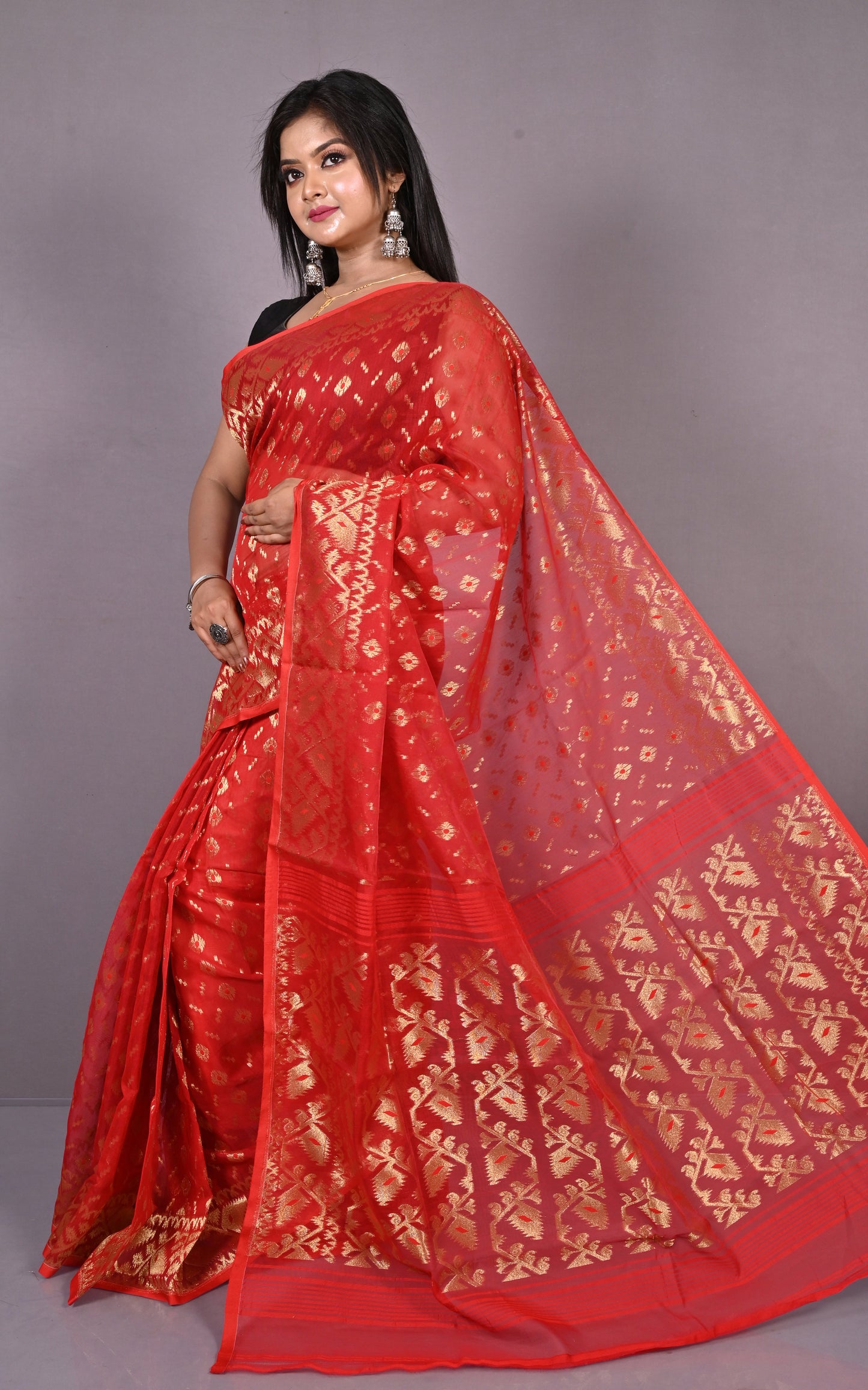 Soft Zari Brocade Dhakai Jamdani Saree in Red and Golden