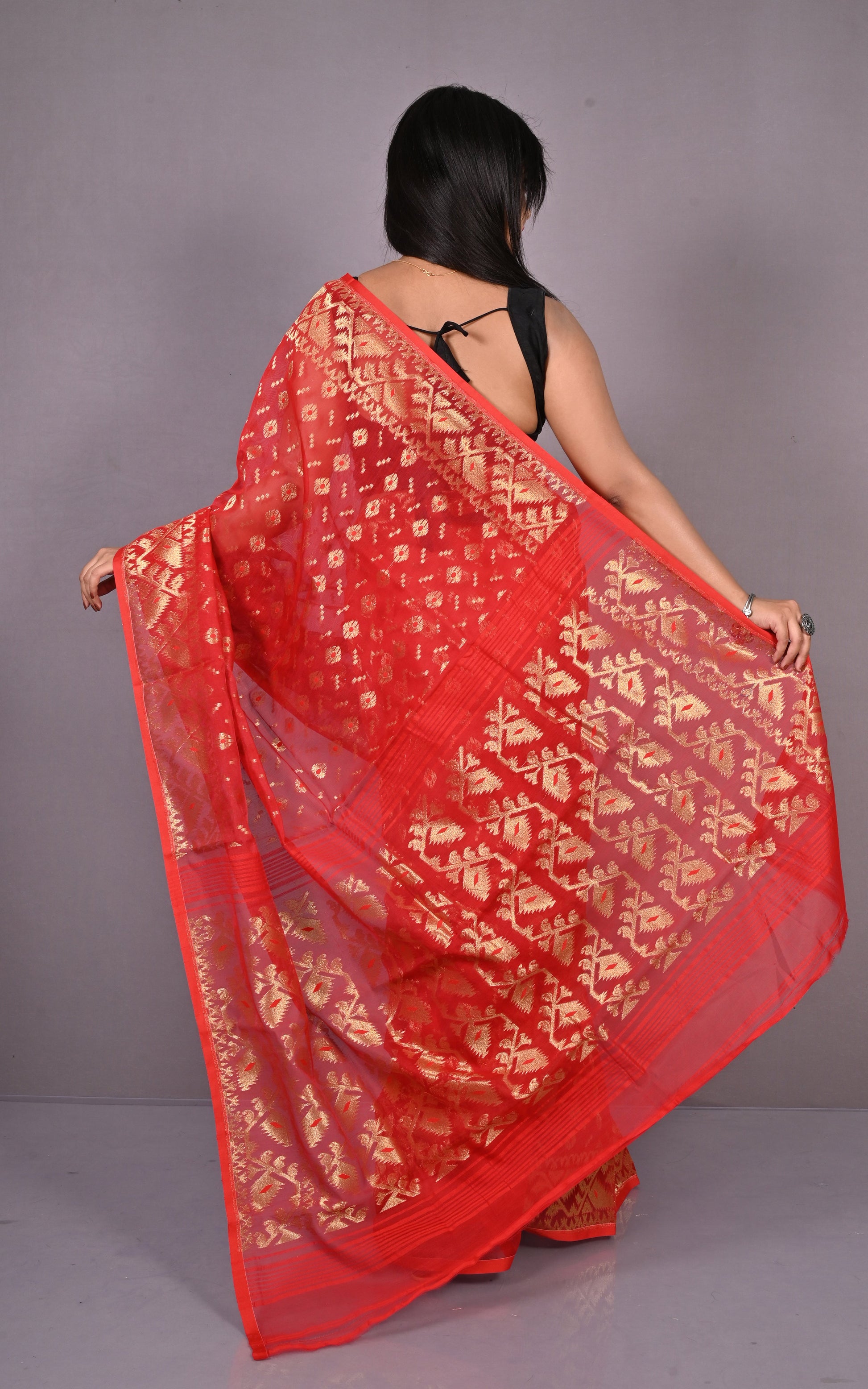 Soft Zari Brocade Dhakai Jamdani Saree in Red and Golden