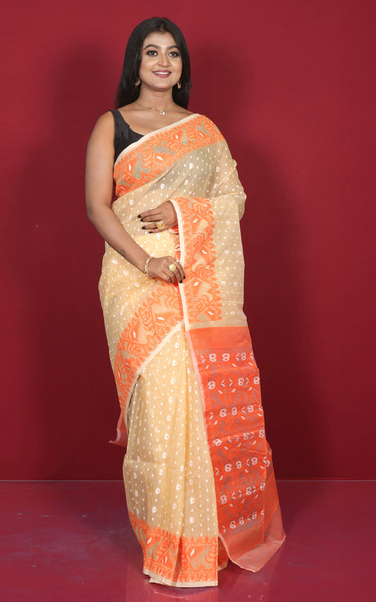 Traditional Karat Nakshi Work Cotton Muslin Soft Jamdani Saree in Cape Honey, Orange and White