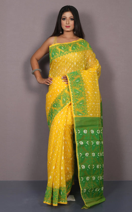 Traditional Karat Nakshi Work Cotton Muslin Soft Jamdani Saree in Sunglow Yellow and Green