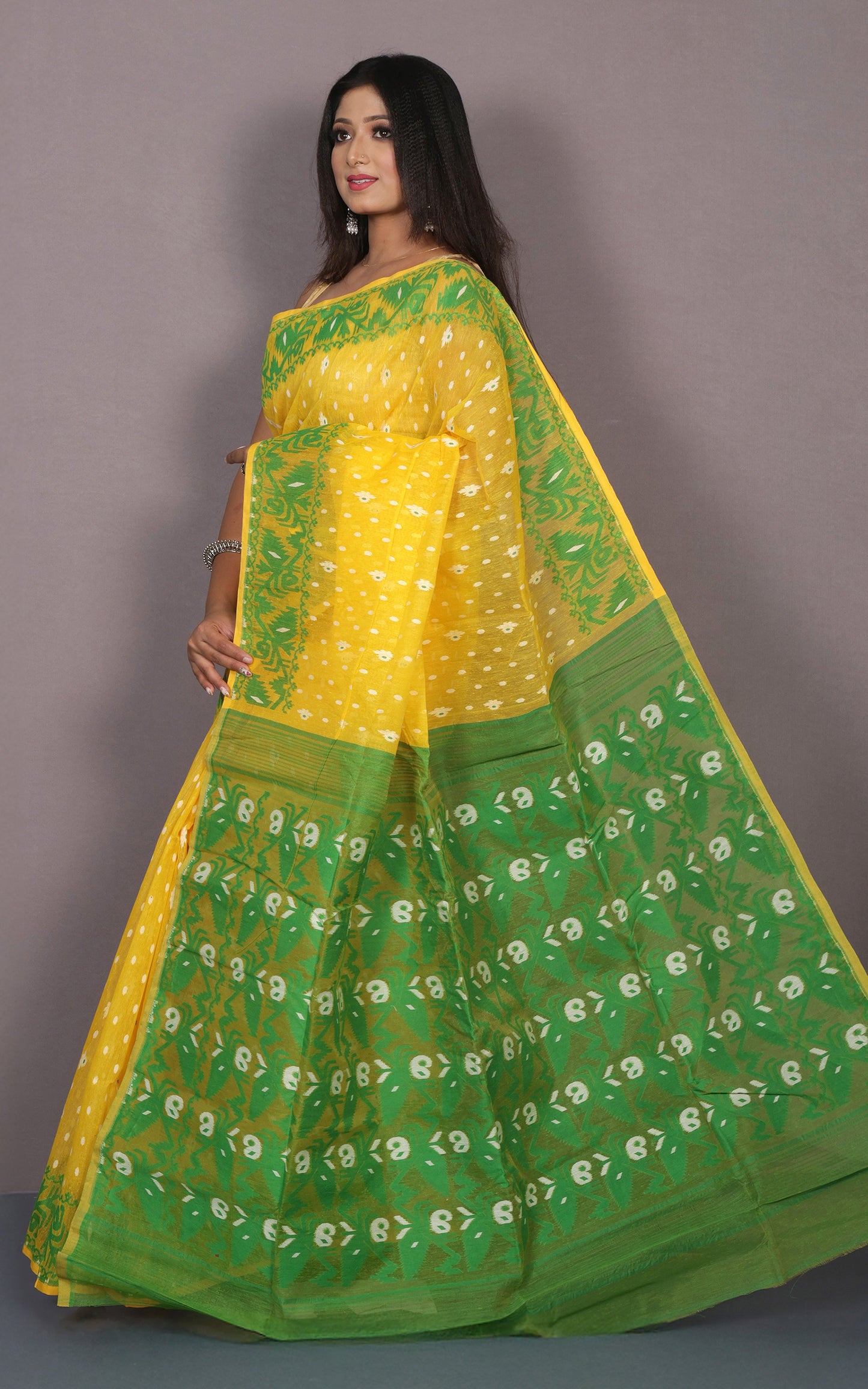 Traditional Karat Nakshi Work Cotton Muslin Soft Jamdani Saree in Sunglow Yellow and Green