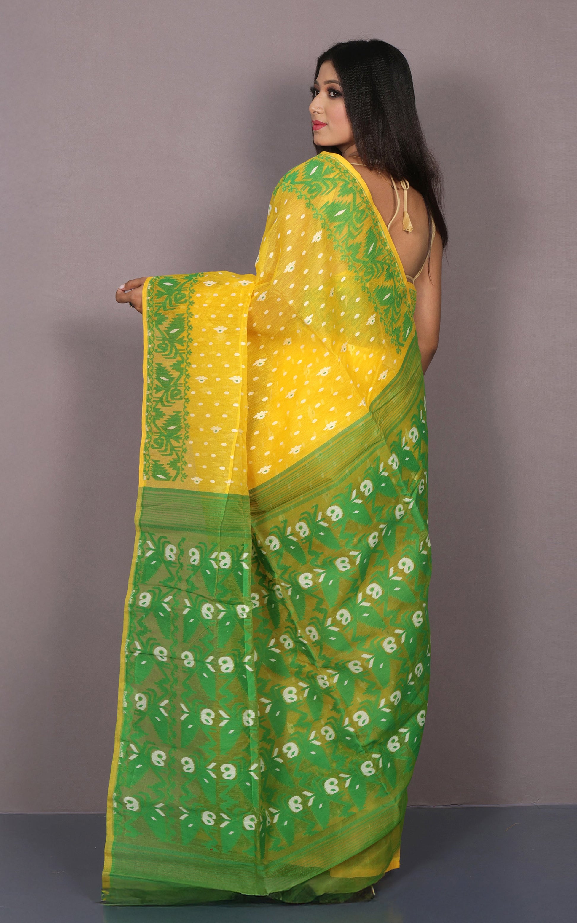 Traditional Karat Nakshi Work Cotton Muslin Soft Jamdani Saree in Sunglow Yellow and Green