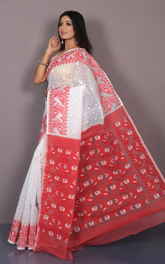 Traditional Karat Nakshi Work Cotton Muslin Soft Jamdani Saree in Off White and Red