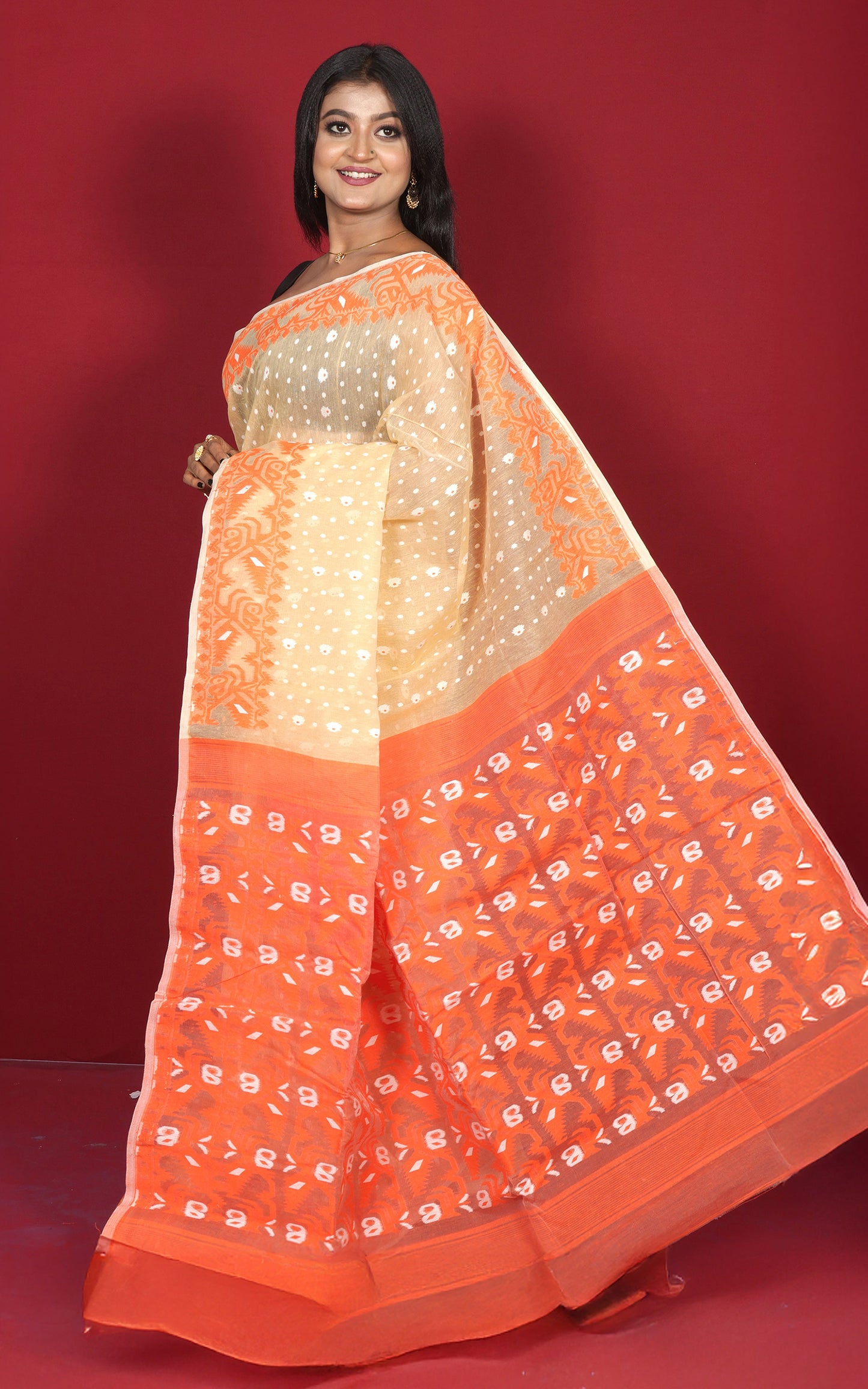 Traditional Karat Nakshi Work Cotton Muslin Soft Jamdani Saree in Cape Honey, Orange and White