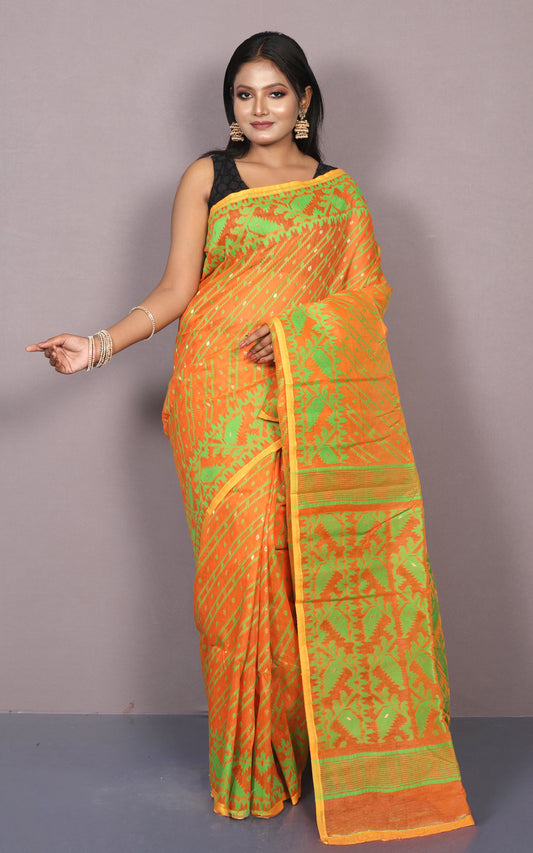 Traditional Karat Nakshi Work Cotton Muslin Soft Jamdani Saree in Matte Orange and Green