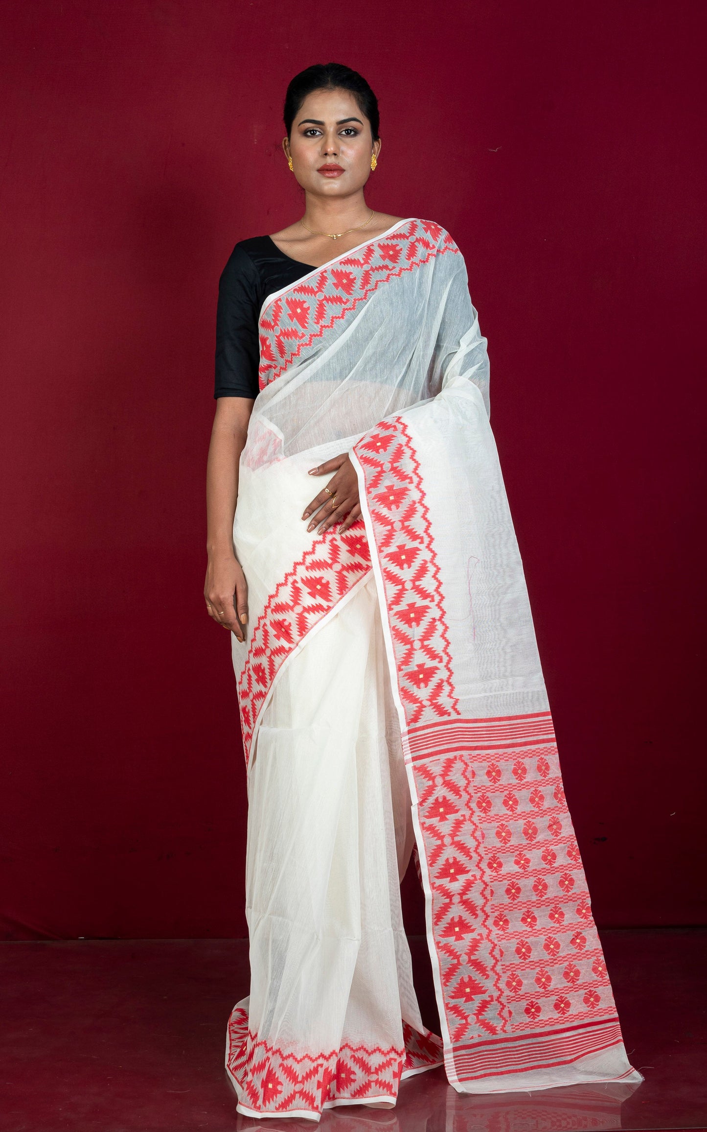 Designer Body Plain with Woven Jamdani Border and Pallu Cotton Muslin Saree in Off White and Red