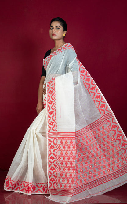 Designer Body Plain with Woven Jamdani Border and Pallu Cotton Muslin Saree in Off White and Red