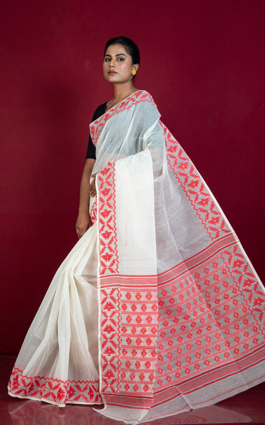 Designer Body Plain with Woven Jamdani Border and Pallu Cotton Muslin Saree in Off White and Red