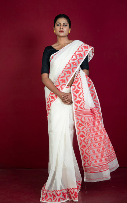 Designer Body Plain with Woven Jamdani Border and Pallu Cotton Muslin Saree in Off White and Red