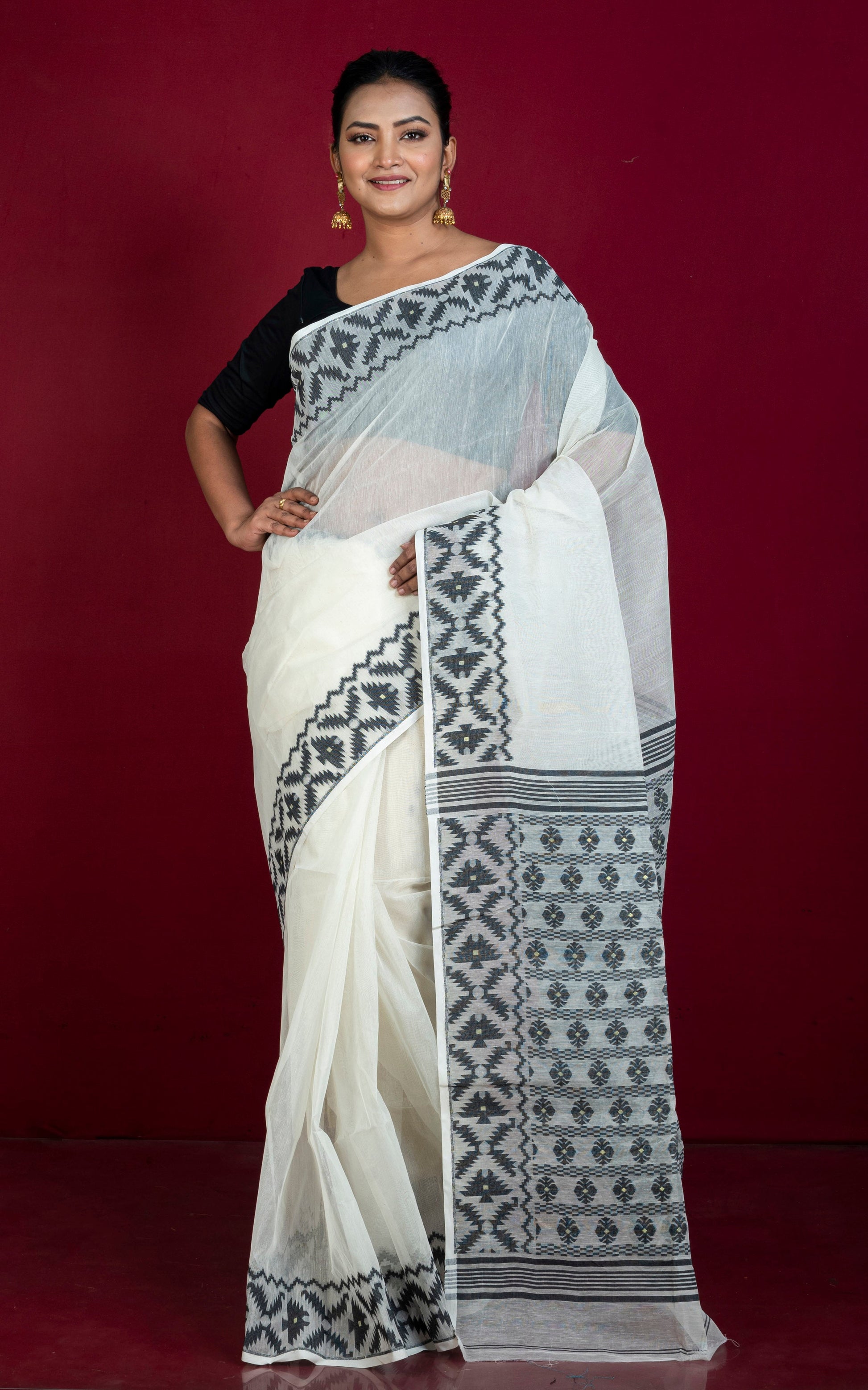 Designer Body Plain with Woven Jamdani Border and Pallu Cotton Muslin Saree in Off White and Black