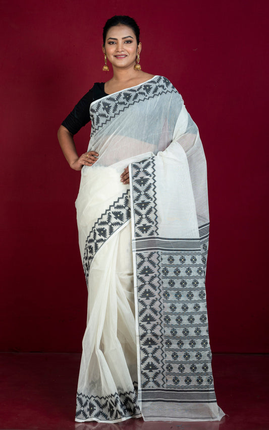 Designer Body Plain with Woven Jamdani Border and Pallu Cotton Muslin Saree in Off White and Black
