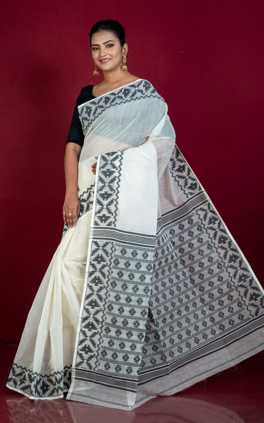 Designer Body Plain with Woven Jamdani Border and Pallu Cotton Muslin Saree in Off White and Black