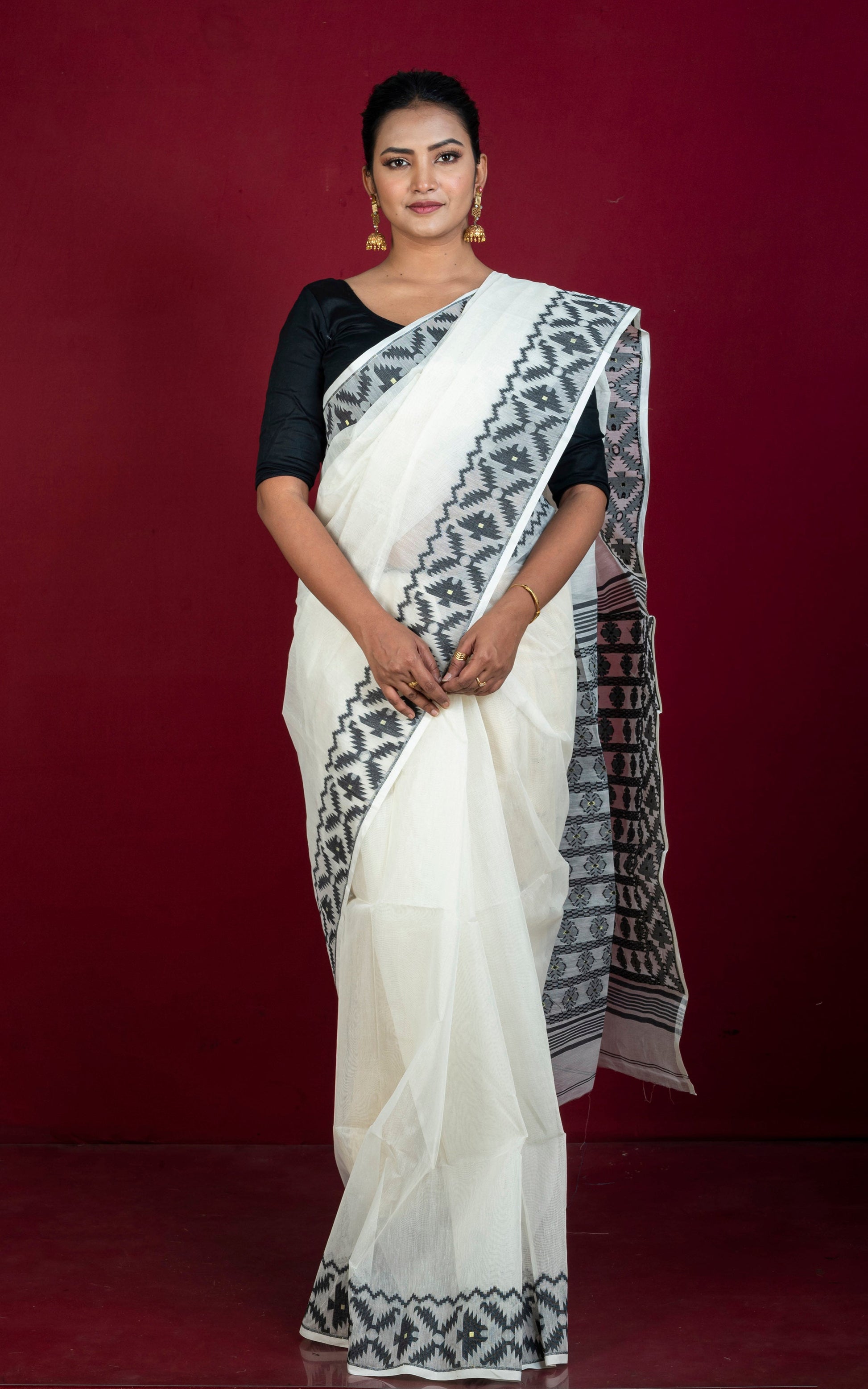 Designer Body Plain with Woven Jamdani Border and Pallu Cotton Muslin Saree in Off White and Black