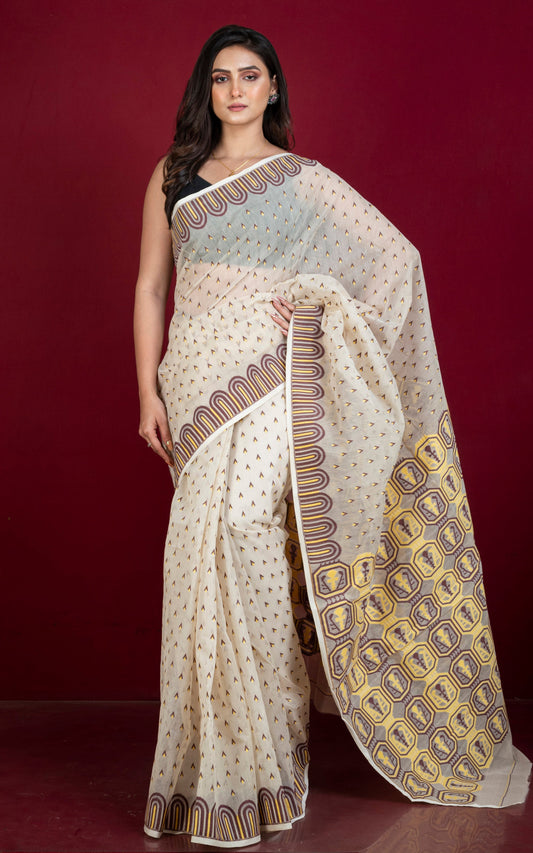 Handwoven Jamdani Saree in Off White, Yellow and Chocolate Brown