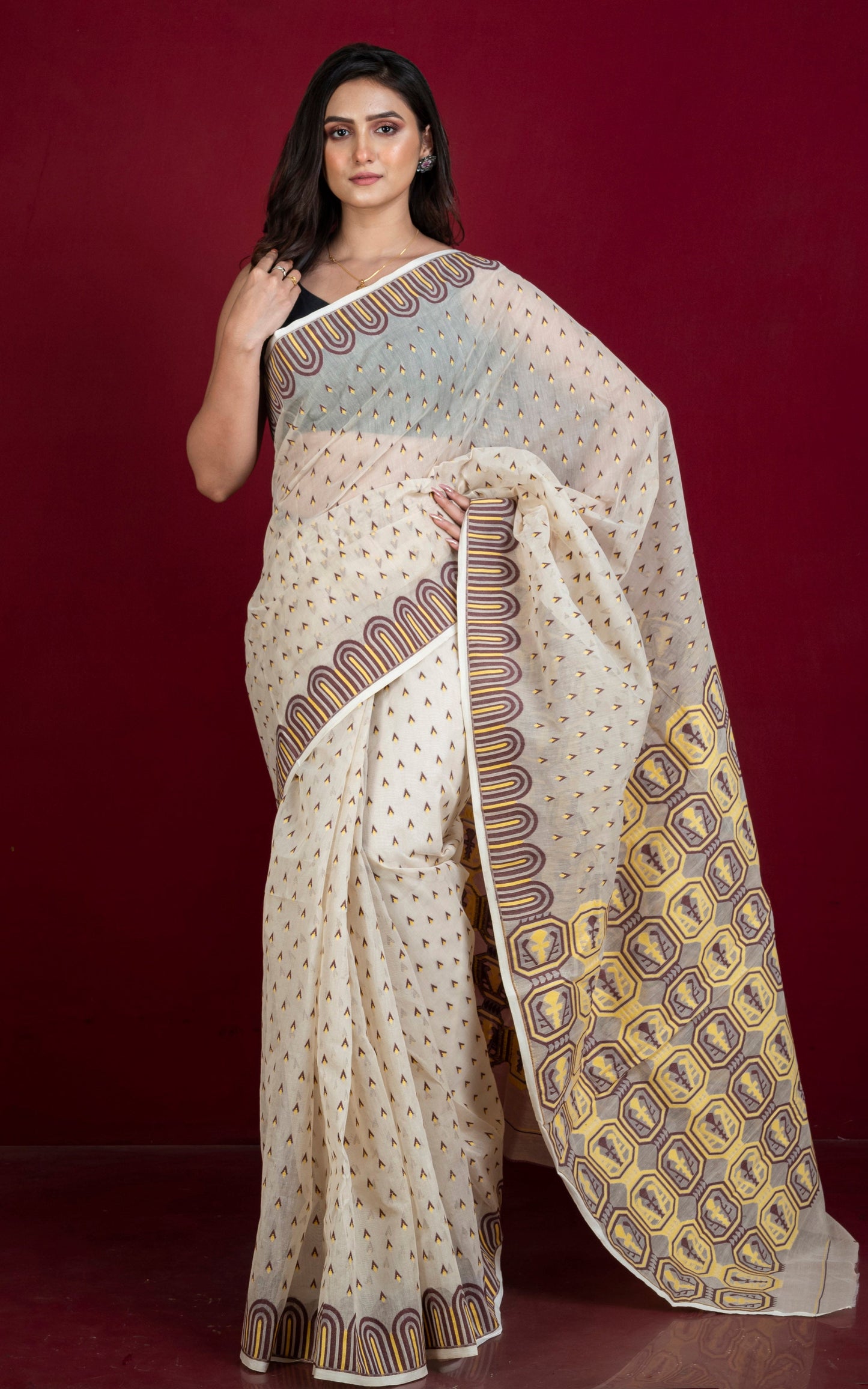 Handwoven Jamdani Saree in Off White, Yellow and Chocolate Brown