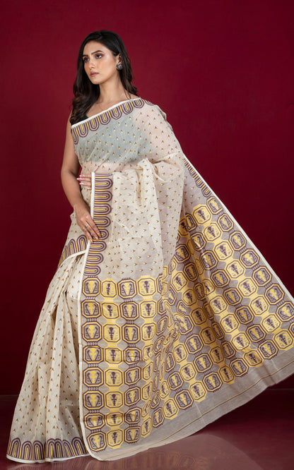 Handwoven Jamdani Saree in Off White, Yellow and Chocolate Brown