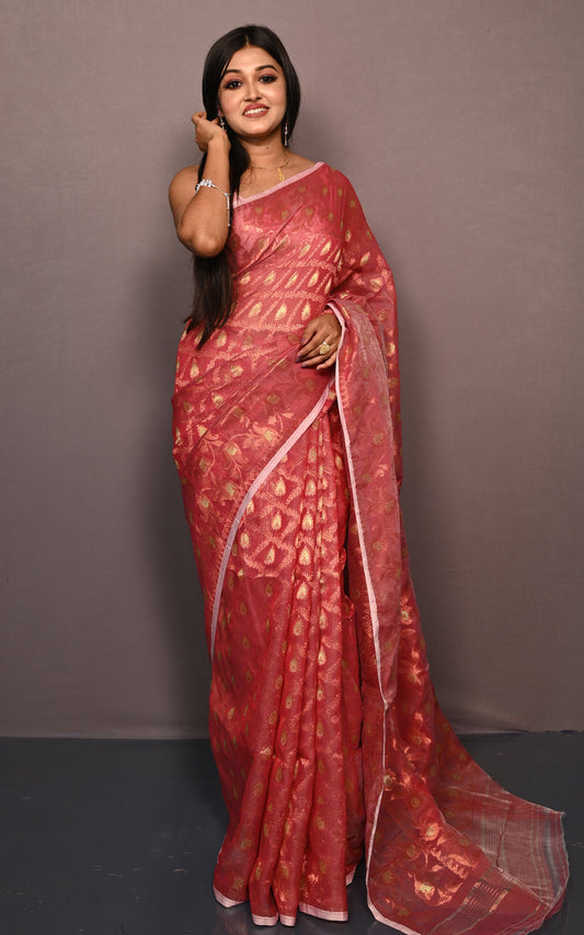 Traditional Floral Nakshi Work Soft Brocade Jamdani Saree in Muted Red and Off White with Copper and Muted Golden Zari Nakshi Work