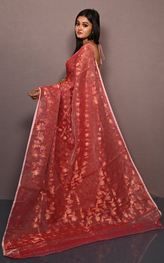 Traditional Floral Nakshi Work Soft Brocade Jamdani Saree in Muted Red and Off White with Copper and Muted Golden Zari Nakshi Work