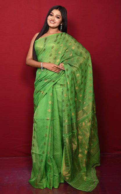 Soft Neem Zari Woven Work Jamdani Saree in Leaf Green and Antique Gold