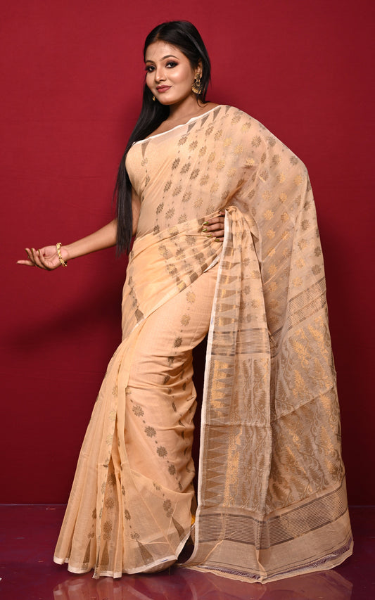 Soft Neem Zari Woven Work Jamdani Saree in Beige and Antique Gold