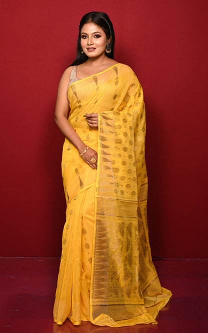 Soft Neem Zari Woven Work Jamdani Saree in Sunshine Yellow and Antique Gold