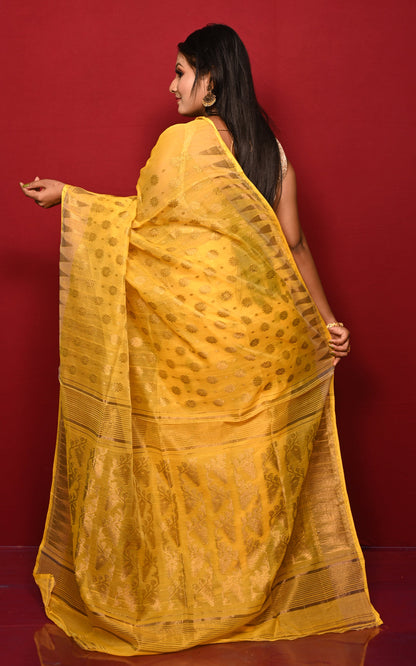 Soft Neem Zari Woven Work Jamdani Saree in Sunshine Yellow and Antique Gold