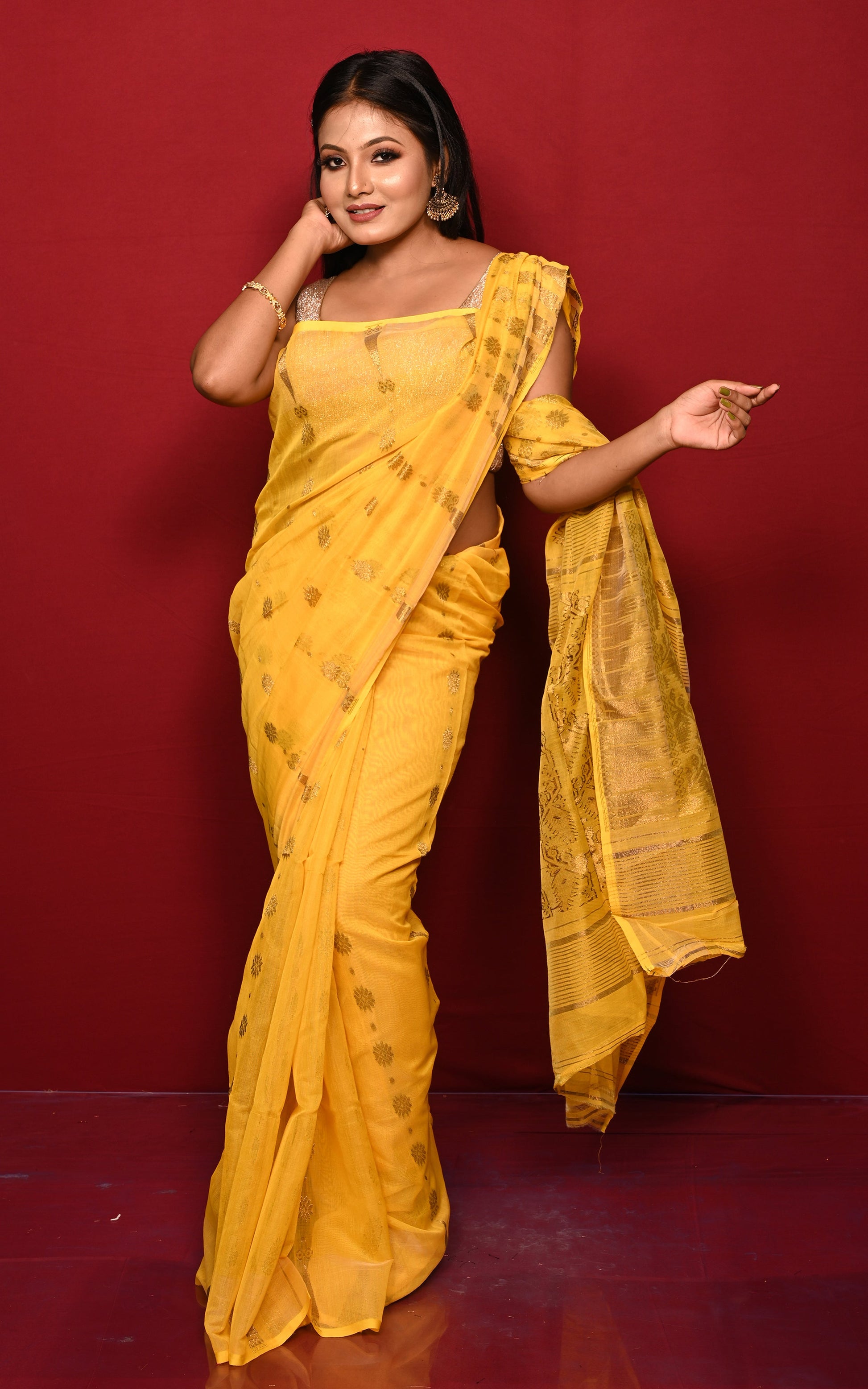 Soft Neem Zari Woven Work Jamdani Saree in Sunshine Yellow and Antique Gold