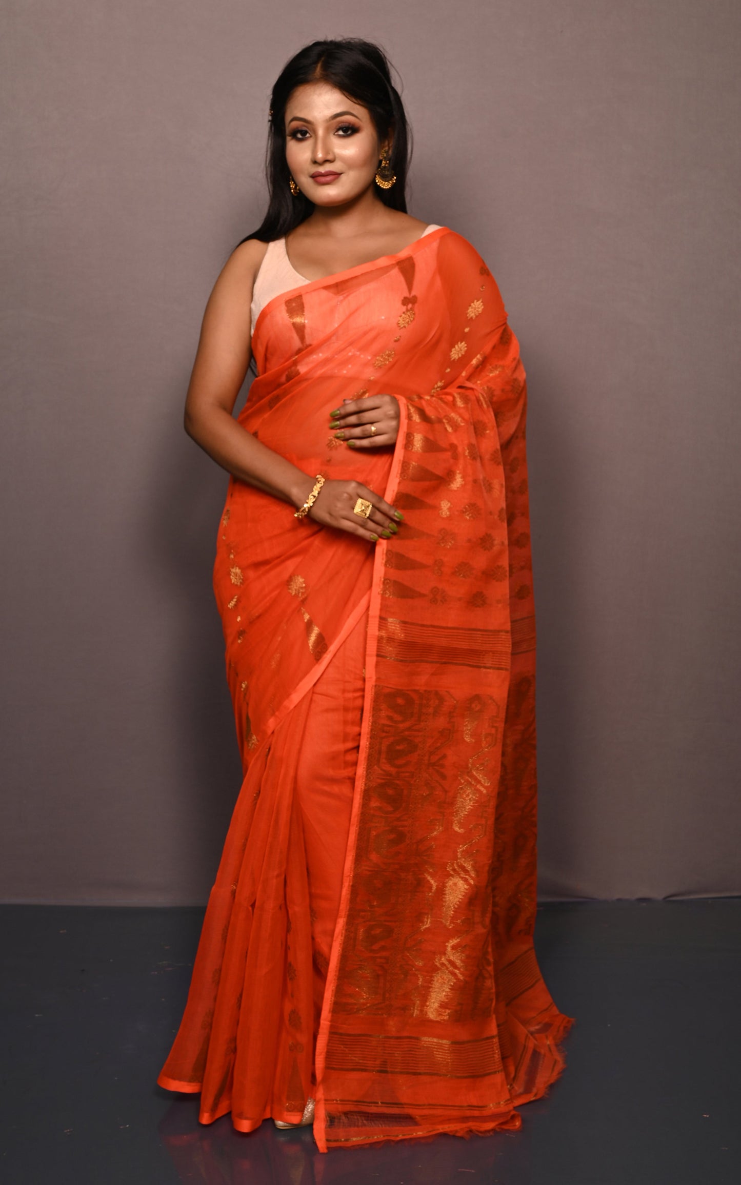 Soft Neem Zari Woven Work Jamdani Saree in Blaze Orange and Antique Gold