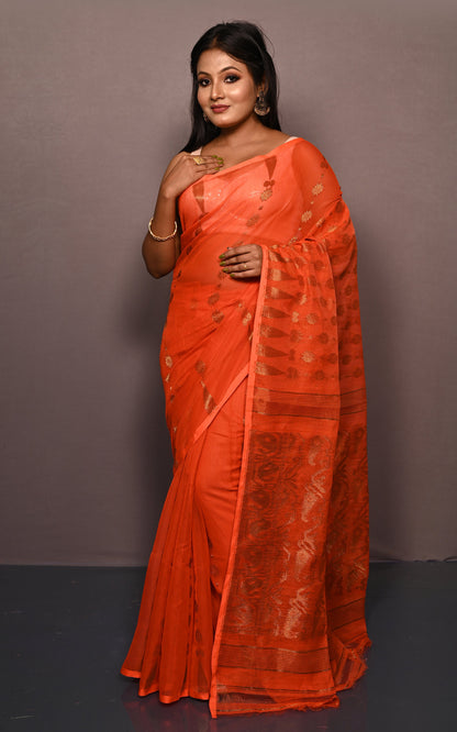 Soft Neem Zari Woven Work Jamdani Saree in Blaze Orange and Antique Gold
