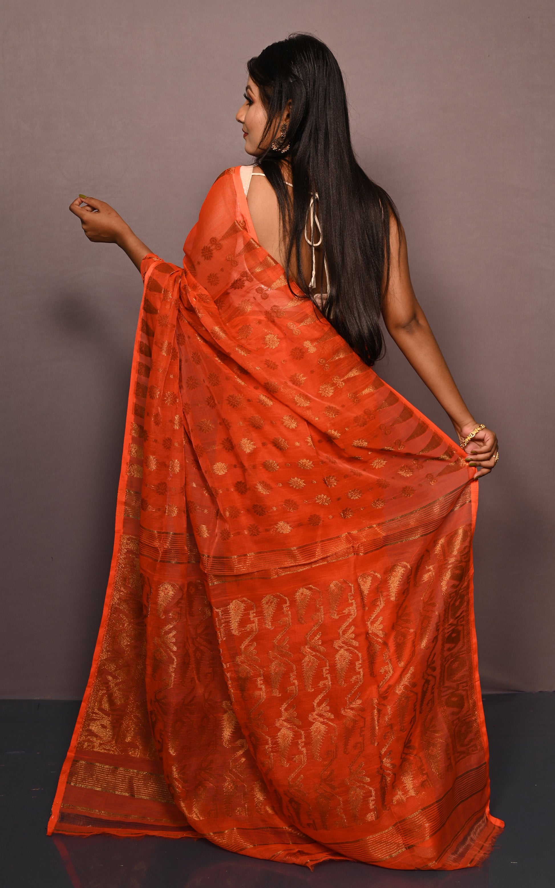 Soft Neem Zari Woven Work Jamdani Saree in Blaze Orange and Antique Gold