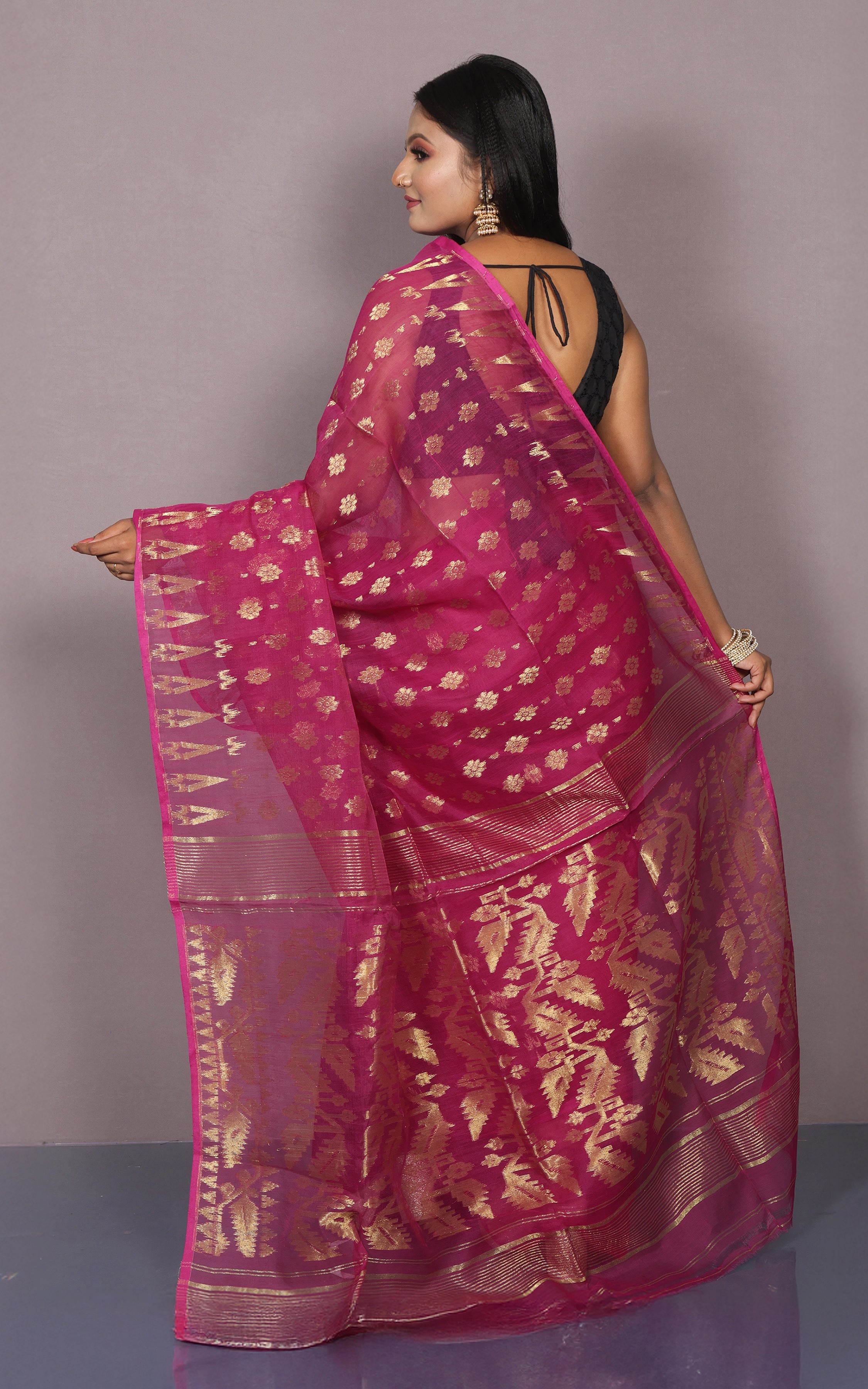 Soft Neem Zari Woven Work Jamdani Saree in Mulberry and Antique