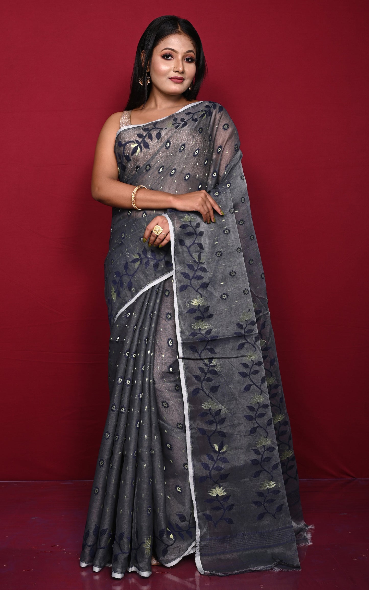 Leaf and Floral Motif Nakshi Work Soft Jamdani Saree in Charcoal Grey, Midnight Blue and Dry Gold