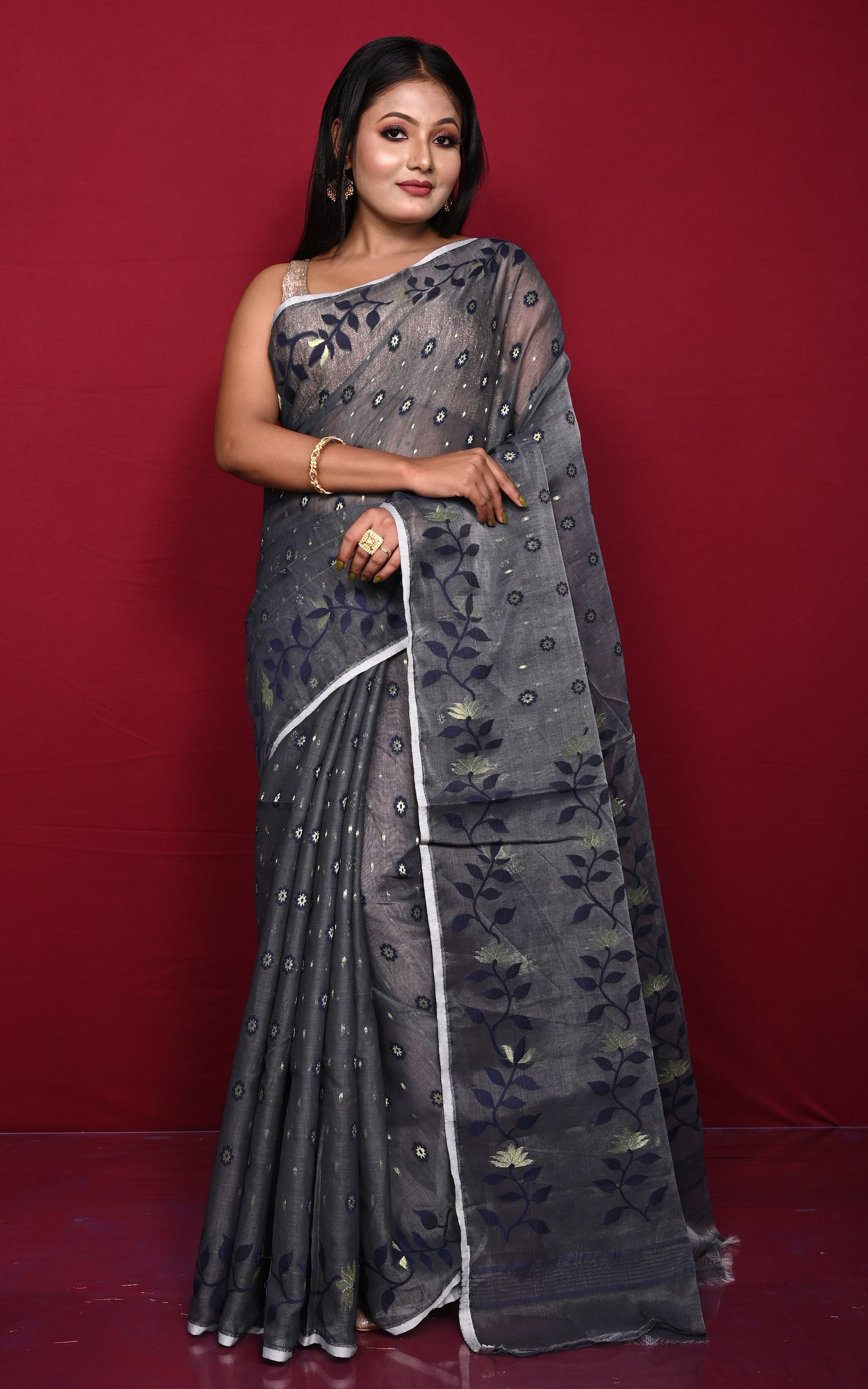 Leaf and Floral Motif Nakshi Work Soft Jamdani Saree in Charcoal Grey, Midnight Blue and Dry Gold