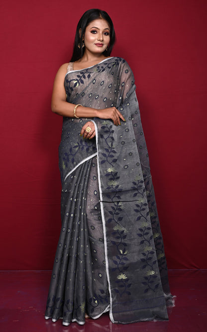 Leaf and Floral Motif Nakshi Work Soft Jamdani Saree in Charcoal Grey, Midnight Blue and Dry Gold