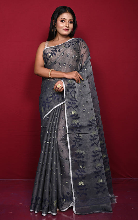 Leaf and Floral Motif Nakshi Work Soft Jamdani Saree in Charcoal Grey, Midnight Blue and Dry Gold
