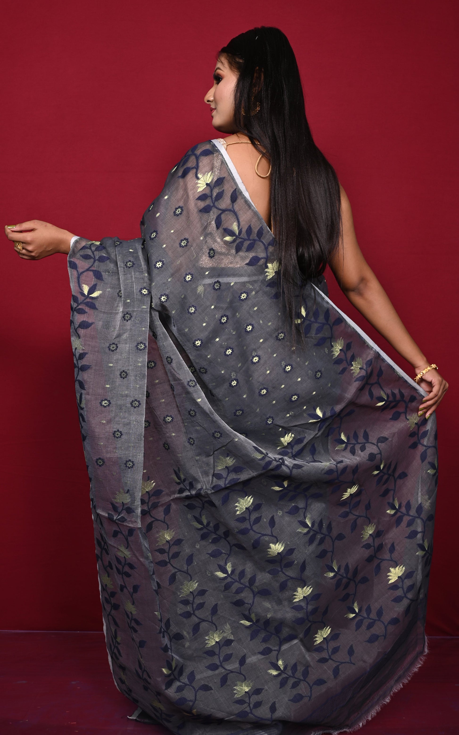 Leaf and Floral Motif Nakshi Work Soft Jamdani Saree in Charcoal Grey, Midnight Blue and Dry Gold