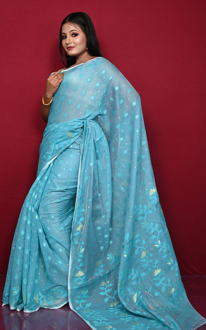 Leaf and Floral Motif Nakshi Work Soft Jamdani Saree in Baby Blue and Dry Gold