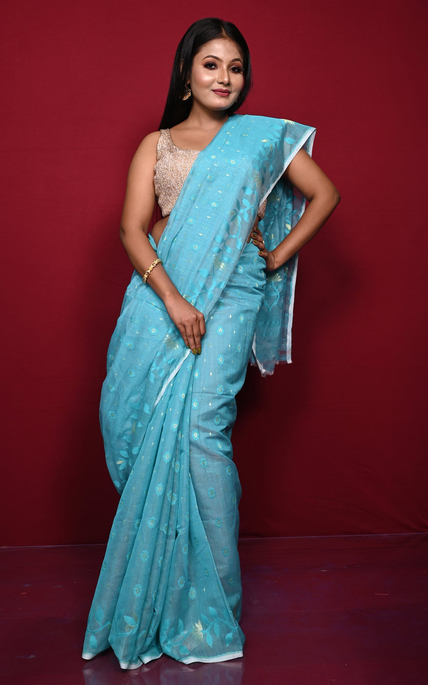 Leaf and Floral Motif Nakshi Work Soft Jamdani Saree in Baby Blue and Dry Gold