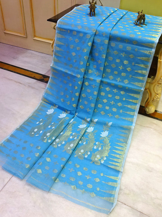 Hand Woven Cotton Muslin Jamdani Saree in Sky Blue and Gold