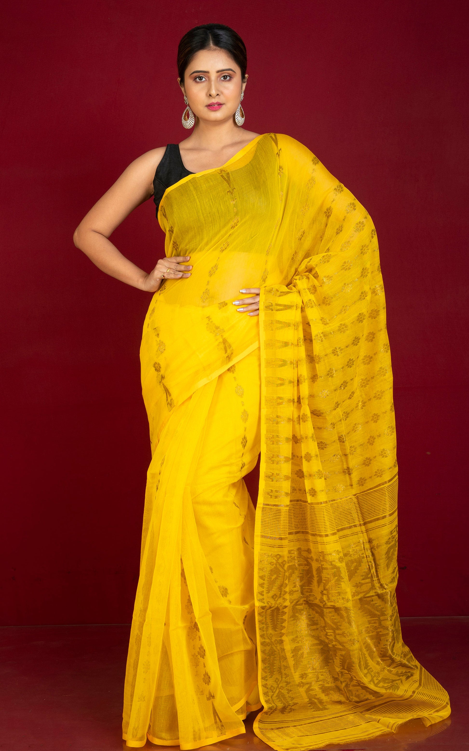 Soft Neem Zari Woven Work Jamdani Saree in Bright Yellow and Antique Gold