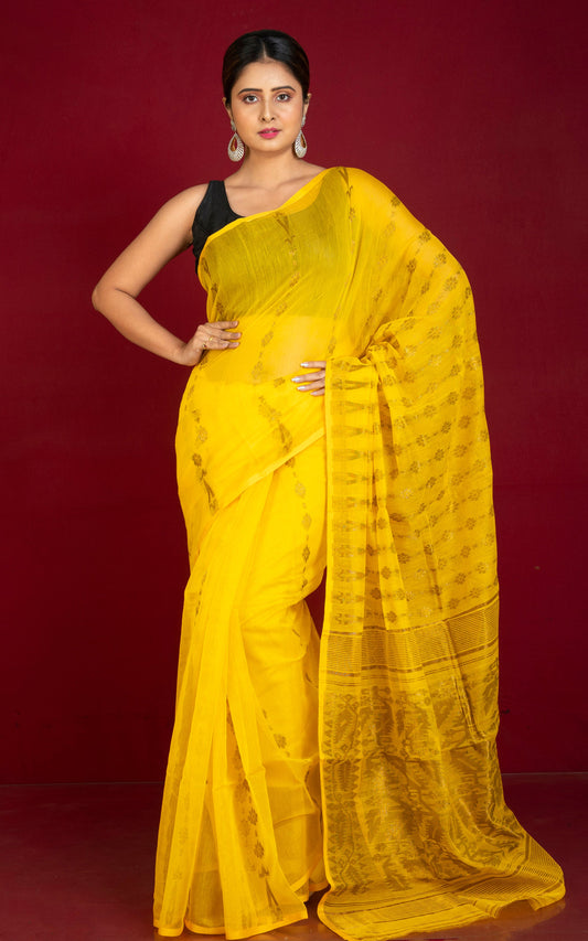 Soft Neem Zari Woven Work Jamdani Saree in Bright Yellow and Antique Gold