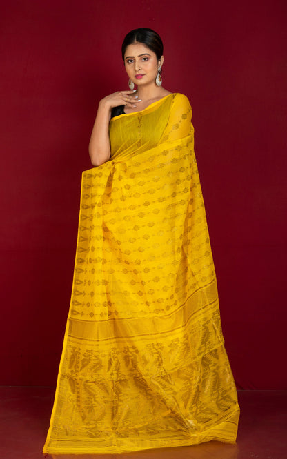 Soft Neem Zari Woven Work Jamdani Saree in Bright Yellow and Antique Gold