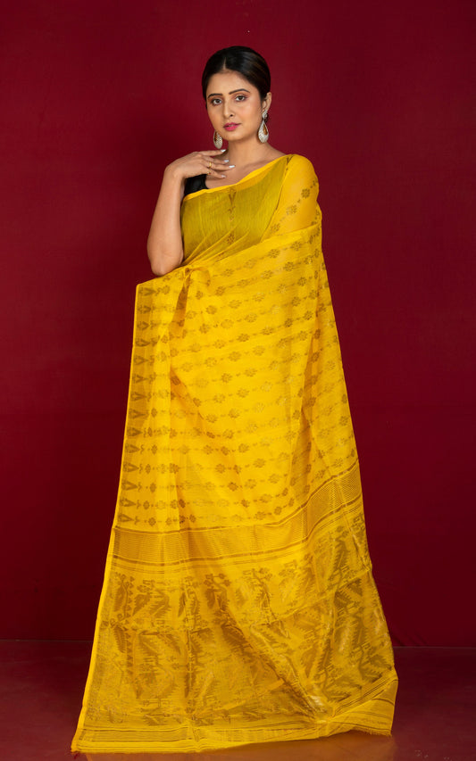Soft Neem Zari Woven Work Jamdani Saree in Bright Yellow and Antique Gold