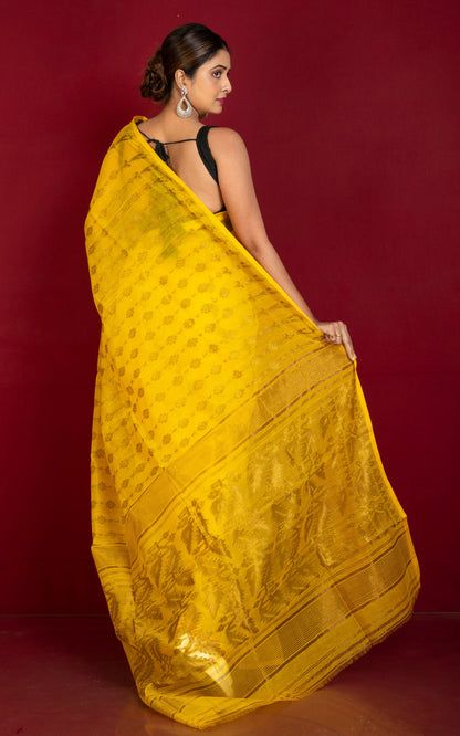 Soft Neem Zari Woven Work Jamdani Saree in Bright Yellow and Antique Gold