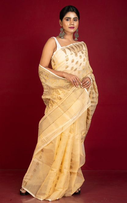 Soft Neem Zari Woven Work Jamdani Saree in Cream, Off White and Antique Gold