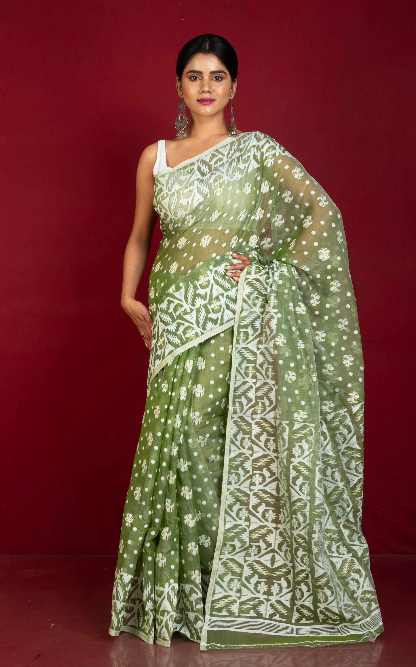 Sholapuri Work Jamdani Saree in Pickle Green, White and Golden