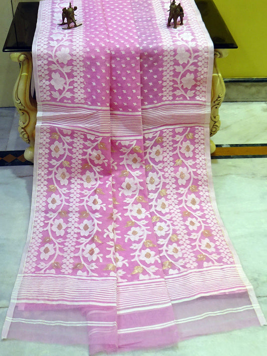 Machi Butti Work Jamdani Saree in Baby Pink, Off White and Golden Zari