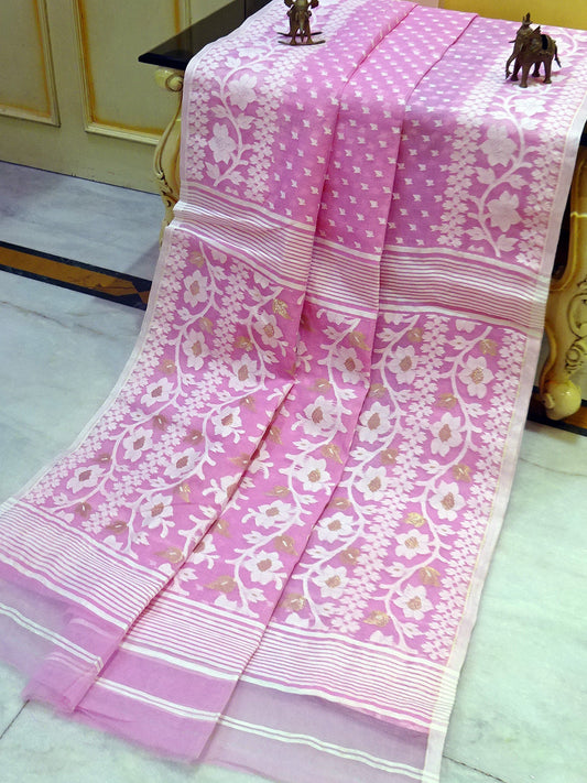 Machi Butti Work Jamdani Saree in Baby Pink, Off White and Golden Zari